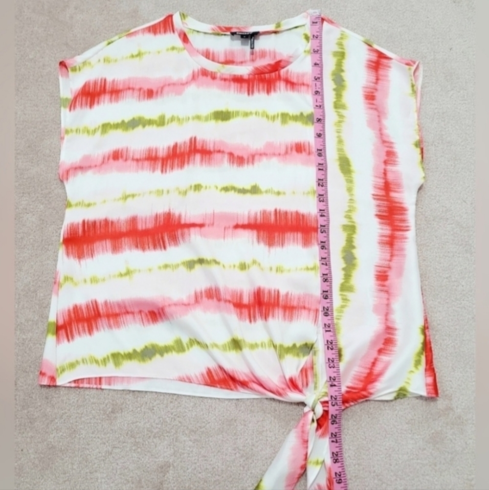 DKNY Tie Front Blouse Top Women’s M Red Green Abstract Stripe Short Sleeve - Picture 8 of 11